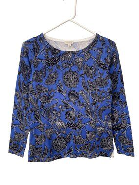 Talbots Top Petite Floral Crewneck Long Sleeve Pullover Blue Black Cotton Knit